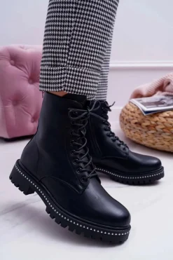 Clearance Boto Botki Damskie Płaski Obcas Wysokie Glany Czarne Hippe