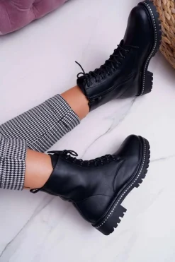 Clearance Boto Botki Damskie Płaski Obcas Wysokie Glany Czarne Hippe