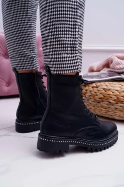 Clearance Boto Botki Damskie Płaski Obcas Wysokie Glany Czarne Hippe