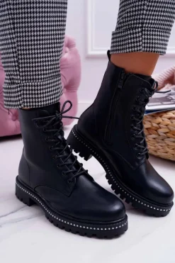 Clearance Boto Botki Damskie Płaski Obcas Wysokie Glany Czarne Hippe