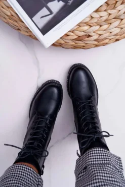 Clearance Boto Botki Damskie Płaski Obcas Wysokie Glany Czarne Hippe