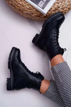 Clearance Boto Botki Damskie Płaski Obcas Wysokie Glany Czarne Hippe