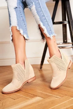 Outlet Botki Damskie Płaski Obcas Zamszowe Ażurowe Jasno Beżowe Shades Damskie Botki Wiosenne|Brązowe I Beżowe Botki