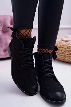 New Botki Damskie Płaski Obcas Nubuk Czarne Nicole 2420 Damskie Botki Wiosenne|Botki Sznurowane