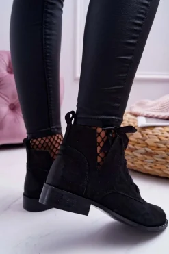 New Botki Damskie Płaski Obcas Nubuk Czarne Nicole 2420 Damskie Botki Wiosenne|Botki Sznurowane