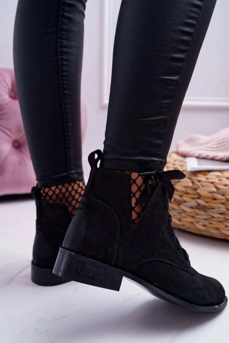 New Botki Damskie Płaski Obcas Nubuk Czarne Nicole 2420 Damskie Botki Wiosenne|Botki Sznurowane