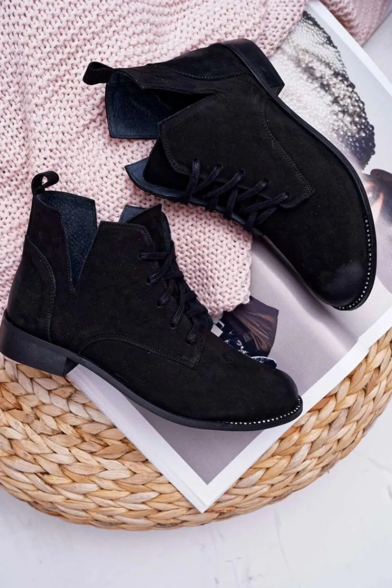 New Botki Damskie Płaski Obcas Nubuk Czarne Nicole 2420 Damskie Botki Wiosenne|Botki Sznurowane