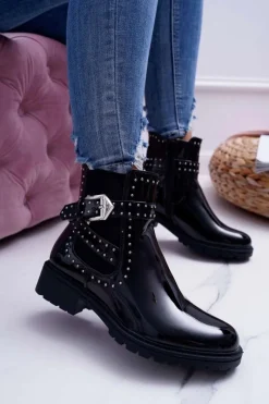 Botki Zimowe Damskie|Botki Płaskie>Boto Botki Damskie Płaski Obcas Ciepłe Lakierowane Czarne Verre