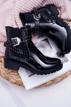 Botki Zimowe Damskie|Botki Płaskie>Boto Botki Damskie Płaski Obcas Ciepłe Lakierowane Czarne Verre