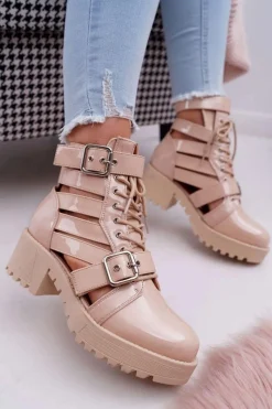 Botki Sznurowane|Brązowe I Beżowe Botki>Boto Botki Damskie Płaski Obcas Wiosenne Lakierowane Beżowe Single