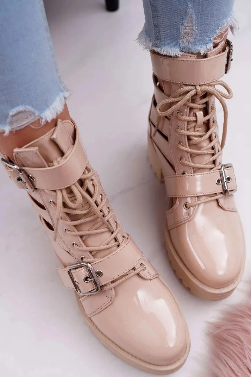 Botki Sznurowane|Brązowe I Beżowe Botki>Boto Botki Damskie Płaski Obcas Wiosenne Lakierowane Beżowe Single