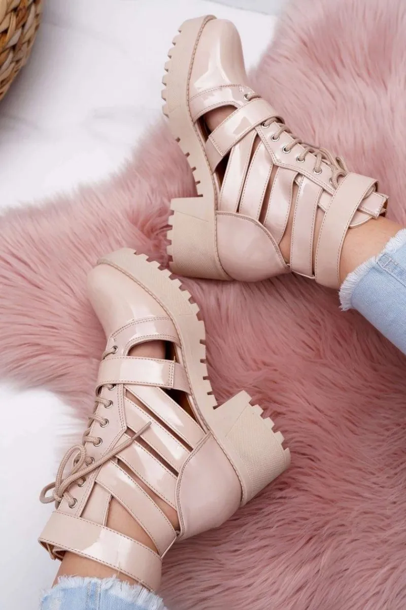 Botki Sznurowane|Brązowe I Beżowe Botki>Boto Botki Damskie Płaski Obcas Wiosenne Lakierowane Beżowe Single