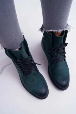 Botki Sznurowane|Botki Zimowe Damskie>Buty damskie Vinceza Botki Damskie Płaski Obcas Workery Zielone Teref