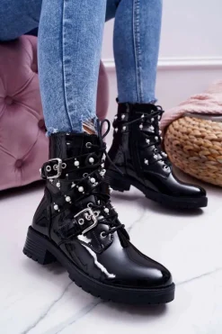Discount Botki Damskie Płaskie Lakierowane Z Perełkami Czarne Domination Damskie Botki Sznurowane|Botki Zimowe Damskie