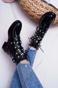 Discount Botki Damskie Płaskie Lakierowane Z Perełkami Czarne Domination Damskie Botki Sznurowane|Botki Zimowe Damskie