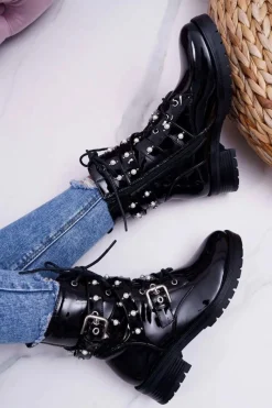 Discount Botki Damskie Płaskie Lakierowane Z Perełkami Czarne Domination Damskie Botki Sznurowane|Botki Zimowe Damskie