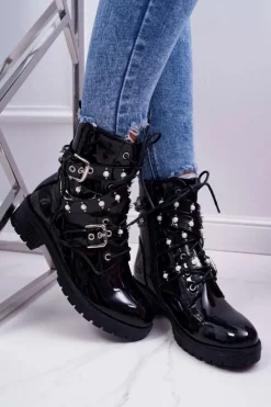Discount Botki Damskie Płaskie Lakierowane Z Perełkami Czarne Domination Damskie Botki Sznurowane|Botki Zimowe Damskie
