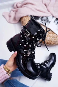 Discount Botki Damskie Płaskie Lakierowane Z Perełkami Czarne Domination Damskie Botki Sznurowane|Botki Zimowe Damskie