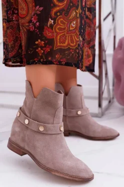 Botki Wiosenne|Botki Na Koturnie>Laura Messi Botki Damskie Płaskie 1890 Skóra Zamsz Beżowe Darmah