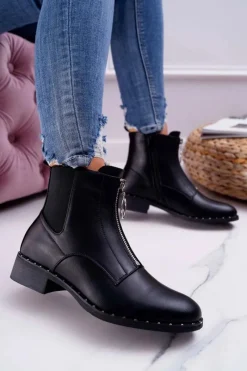 Sale Botki Damskie Płaskie Ozdobny Suwak Czarne Vermina Damskie Botki Zimowe Damskie|Botki Płaskie