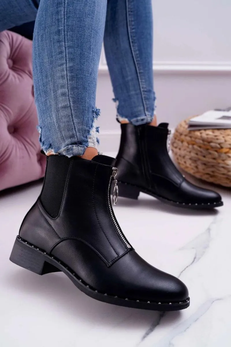 Sale Botki Damskie Płaskie Ozdobny Suwak Czarne Vermina Damskie Botki Zimowe Damskie|Botki Płaskie