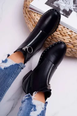 Sale Botki Damskie Płaskie Ozdobny Suwak Czarne Vermina Damskie Botki Zimowe Damskie|Botki Płaskie