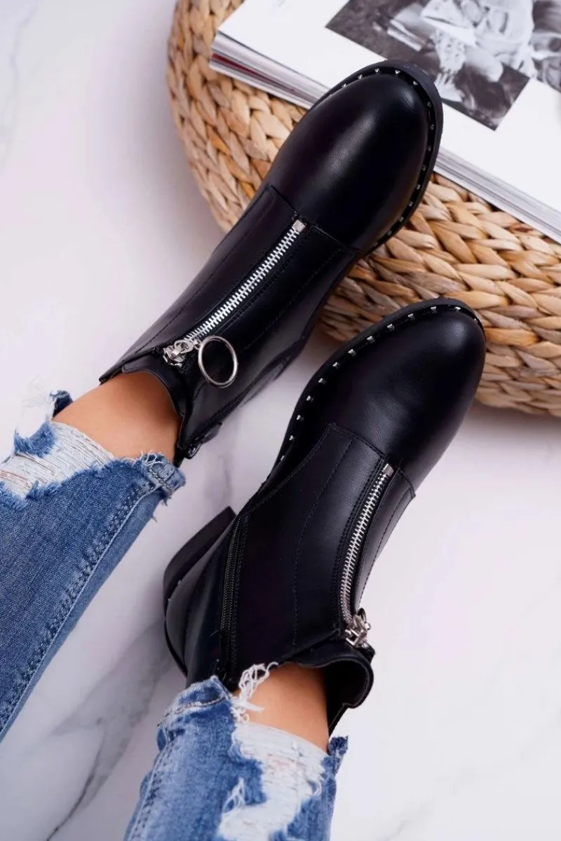 Sale Botki Damskie Płaskie Ozdobny Suwak Czarne Vermina Damskie Botki Zimowe Damskie|Botki Płaskie