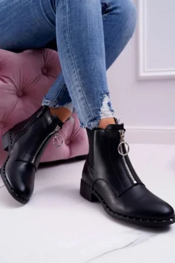 Sale Botki Damskie Płaskie Ozdobny Suwak Czarne Vermina Damskie Botki Zimowe Damskie|Botki Płaskie