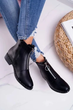 Sale Botki Damskie Płaskie Ozdobny Suwak Czarne Vermina Damskie Botki Zimowe Damskie|Botki Płaskie