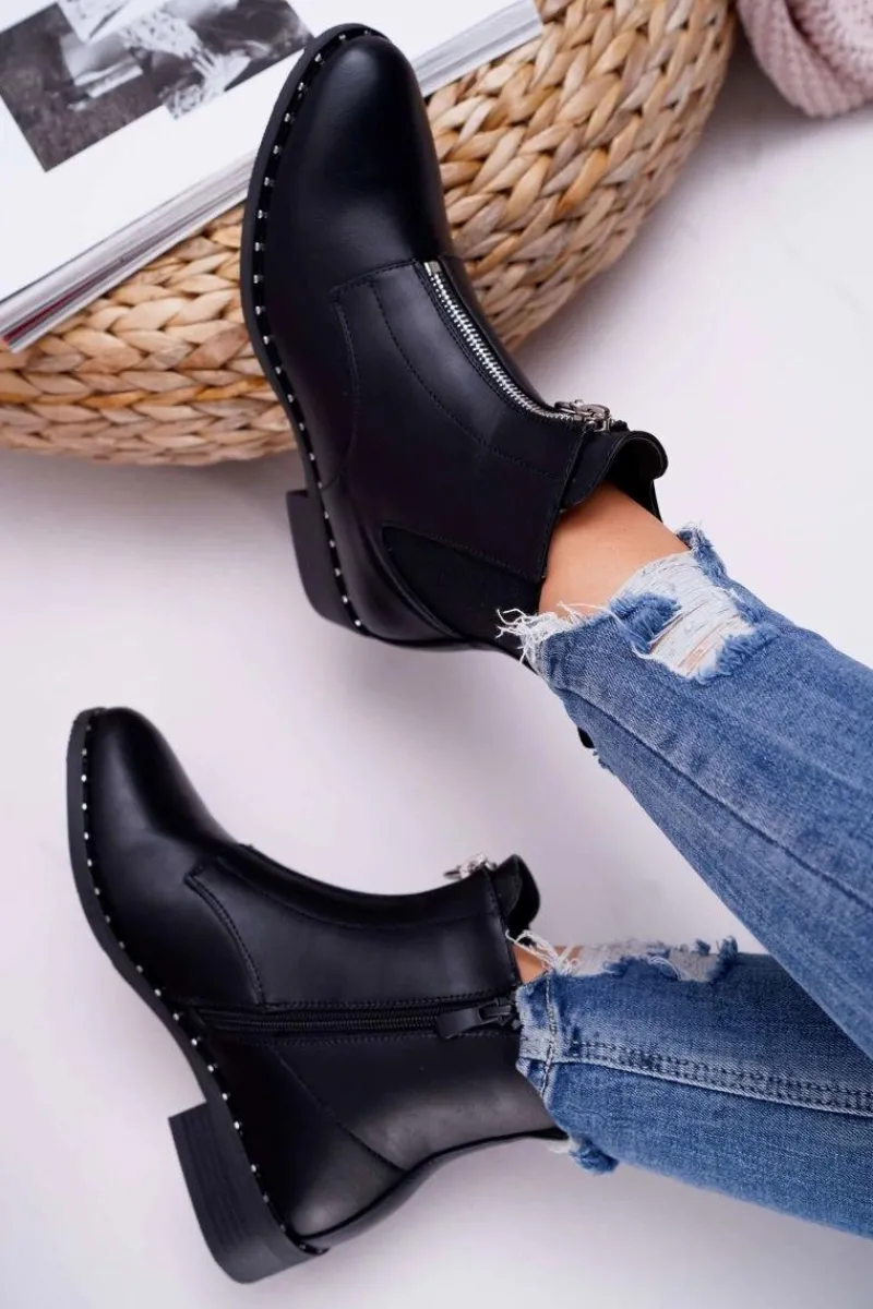 Sale Botki Damskie Płaskie Ozdobny Suwak Czarne Vermina Damskie Botki Zimowe Damskie|Botki Płaskie