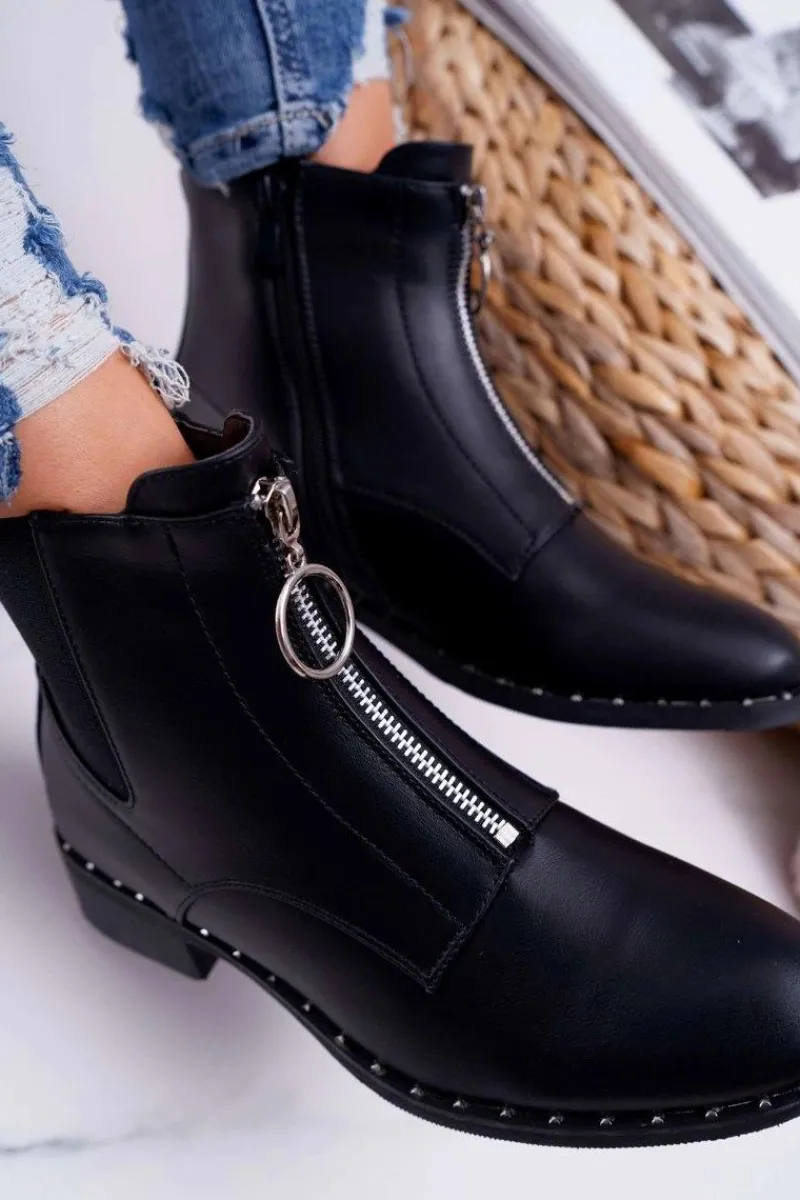 Sale Botki Damskie Płaskie Ozdobny Suwak Czarne Vermina Damskie Botki Zimowe Damskie|Botki Płaskie