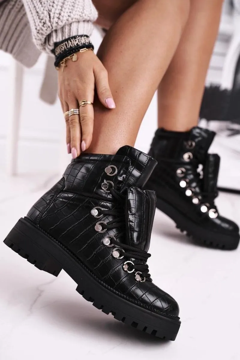 Outlet Botki Damskie Płaskie z Językiem Czarne Passa Damskie Botki Sznurowane|Czarne Botki