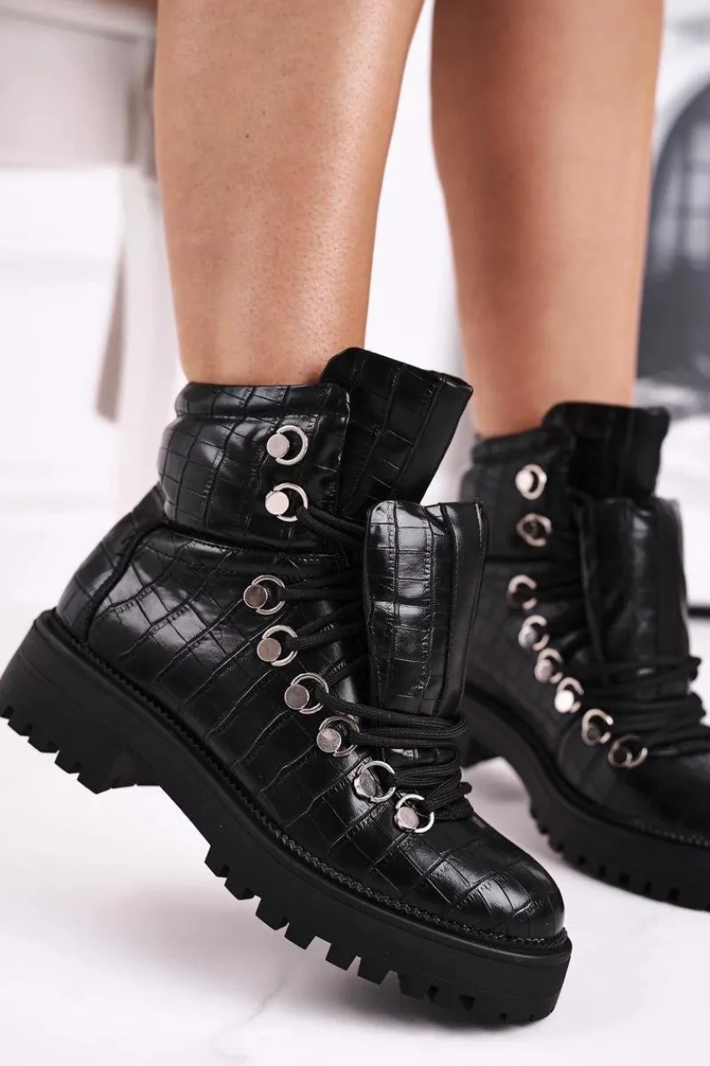 Outlet Botki Damskie Płaskie z Językiem Czarne Passa Damskie Botki Sznurowane|Czarne Botki