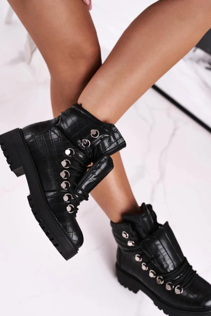 Outlet Botki Damskie Płaskie z Językiem Czarne Passa Damskie Botki Sznurowane|Czarne Botki