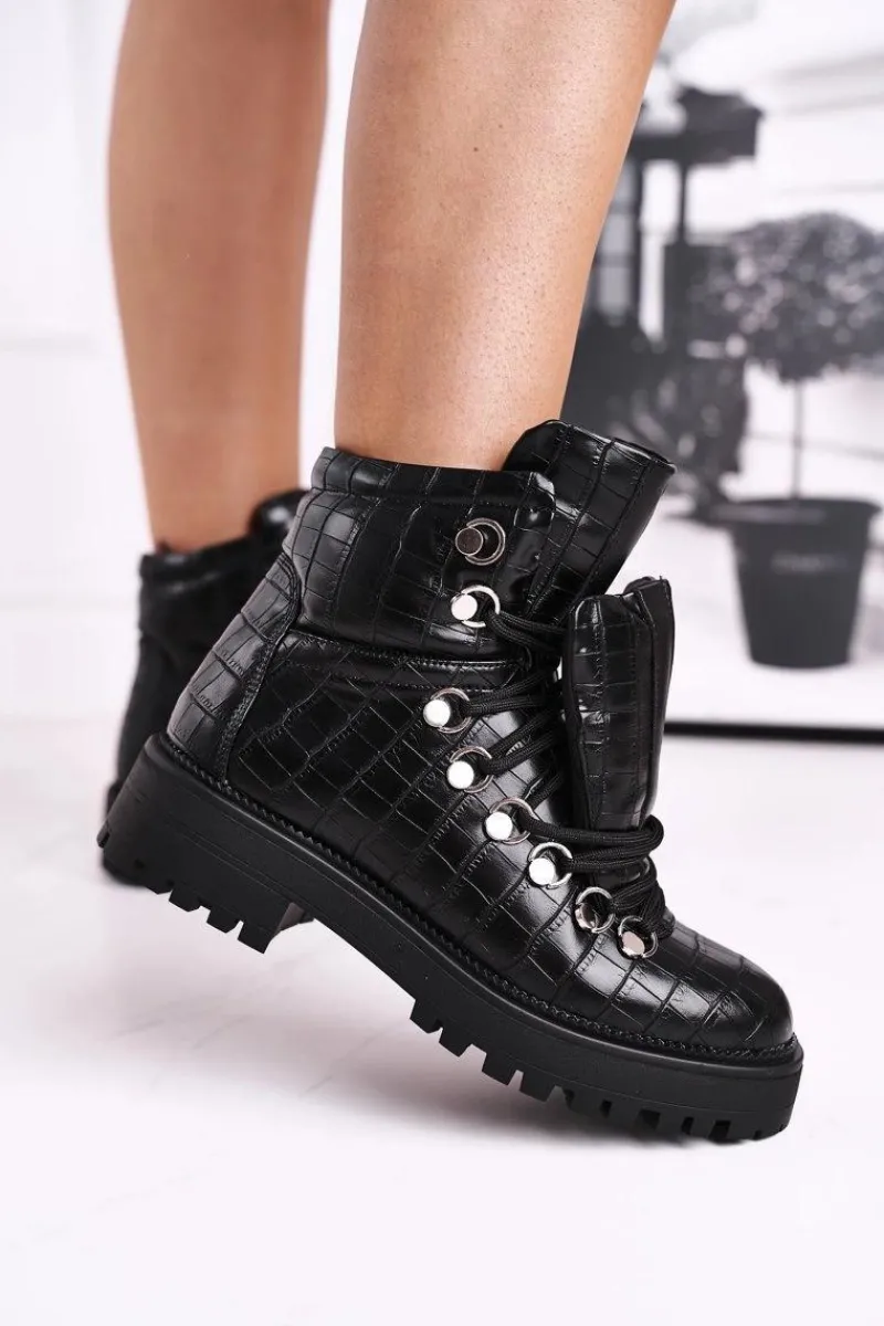 Outlet Botki Damskie Płaskie z Językiem Czarne Passa Damskie Botki Sznurowane|Czarne Botki