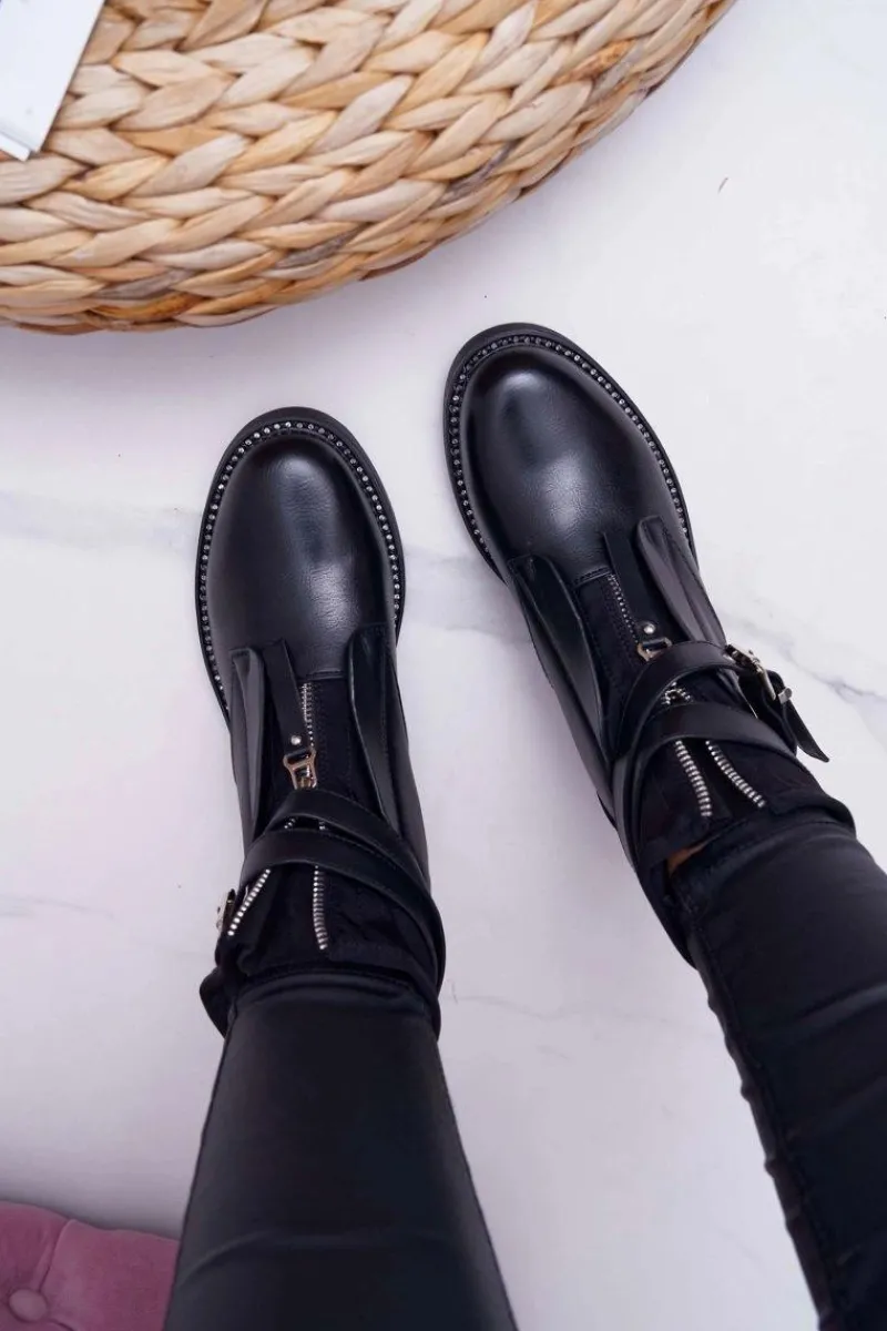 Outlet Boto Botki Damskie Płaskie z Kryształkami Klamra Czarne Denovio