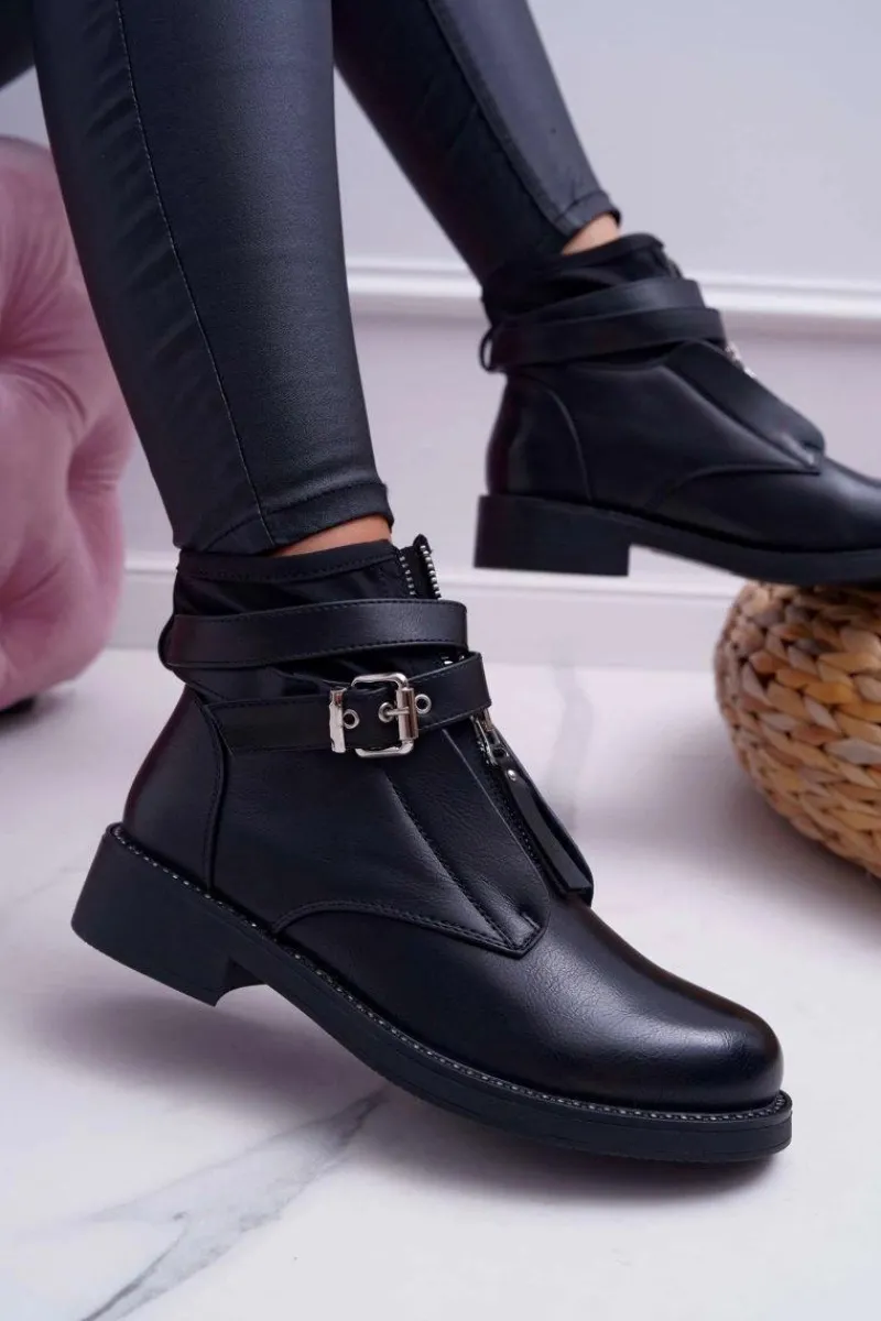 Outlet Boto Botki Damskie Płaskie z Kryształkami Klamra Czarne Denovio