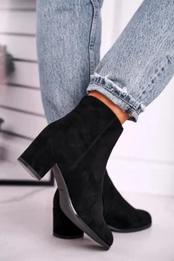 Best Botki Damskie Sergio Leone Czarne BT528 Damskie Botki Na Słupku|Czarne Botki