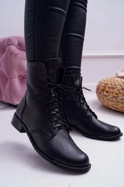 Botki Sznurowane|Botki Zimowe Damskie>Boto Botki Damskie Skóra Licowa Nicole 2315 Czarne The Island