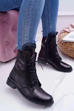 Botki Damskie Skóra Naturalna Nicole Czarne 2193 Damskie Botki Sznurowane|Botki Zimowe Damskie