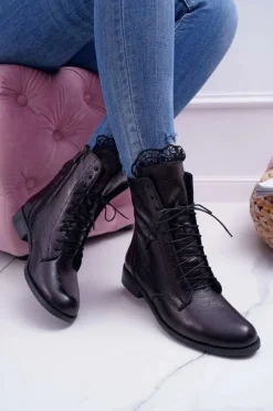 Botki Damskie Skóra Naturalna Nicole Czarne 2193 Damskie Botki Sznurowane|Botki Zimowe Damskie