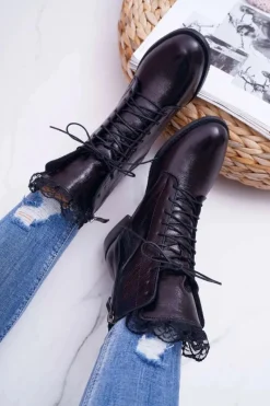 Botki Damskie Skóra Naturalna Nicole Czarne 2193 Damskie Botki Sznurowane|Botki Zimowe Damskie