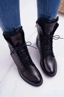 Botki Damskie Skóra Naturalna Nicole Czarne 2193 Damskie Botki Sznurowane|Botki Zimowe Damskie