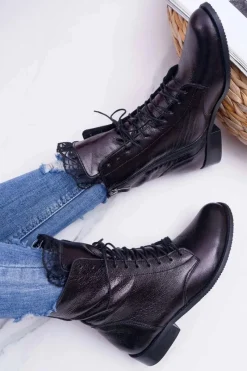 Botki Damskie Skóra Naturalna Nicole Czarne 2193 Damskie Botki Sznurowane|Botki Zimowe Damskie