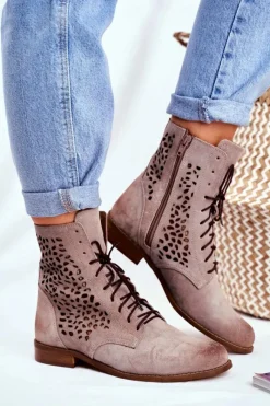 Outlet Botki Damskie Skórzane Cappucino Meridan Damskie Botki Wiosenne|Brązowe I Beżowe Botki