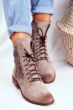 Outlet Botki Damskie Skórzane Cappucino Meridan Damskie Botki Wiosenne|Brązowe I Beżowe Botki