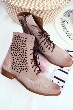 Outlet Botki Damskie Skórzane Cappucino Meridan Damskie Botki Wiosenne|Brązowe I Beżowe Botki