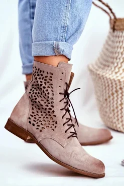 Outlet Botki Damskie Skórzane Cappucino Meridan Damskie Botki Wiosenne|Brązowe I Beżowe Botki