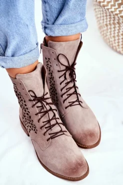 Outlet Botki Damskie Skórzane Cappucino Meridan Damskie Botki Wiosenne|Brązowe I Beżowe Botki