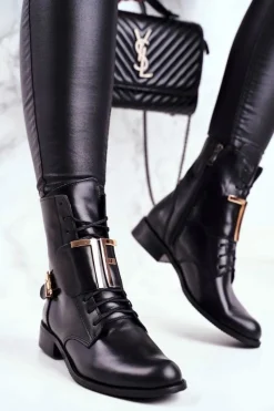 Clearance Boto Botki Damskie Skórzane Czarne Nicole 2591